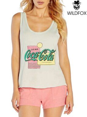 WILDFOX WOMEN NWT DRINK COKE LYLA GRAPHIC SOOTHING SEA COTTON TANK. SIZ S